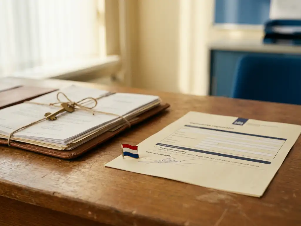 Signed Dutch municipal registration form on a government desk beside a red-white-blue flag pin, house key, and official documents.