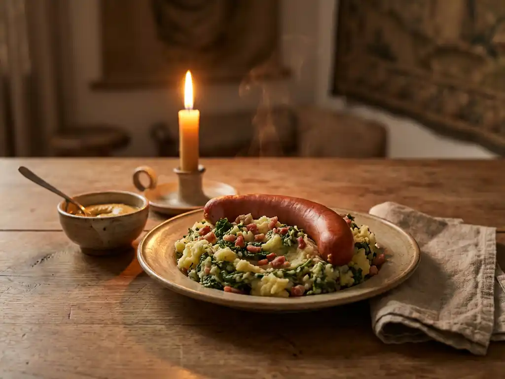 Steaming Dutch stamppot topped with rookworst sausage on a rustic wooden table, ceramic mustard bowl and warm candlelight alongside.