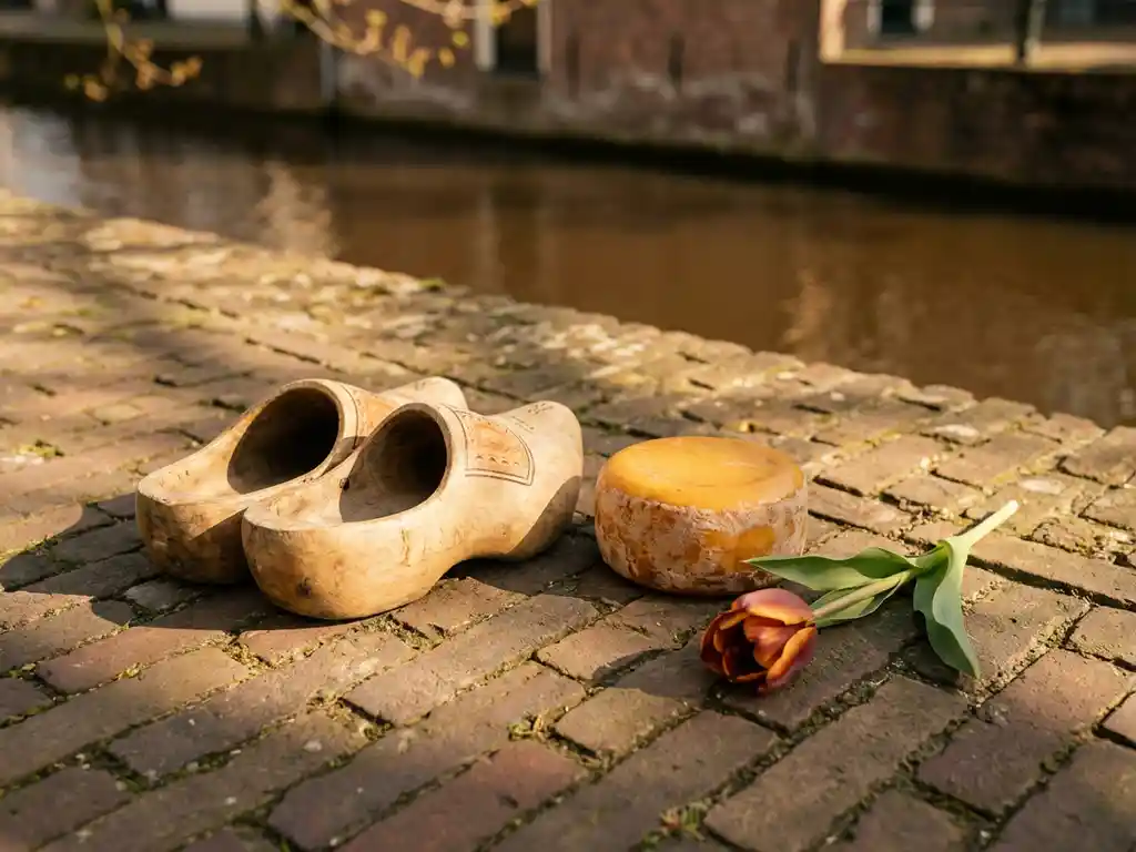Wooden clogs, aged Gouda cheese wheel, and orange-red tulip arranged on a brick canal-side surface in warm afternoon light.