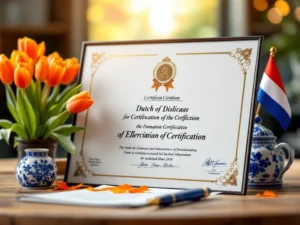Dutch certificate with official seals on wooden desk surrounded by orange tulips, Dutch flag, and blue Delft pottery