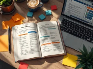 Open Dutch grammar textbook with highlighted conjugation tables on wooden desk, surrounded by laptop, coffee cup, and study materials.