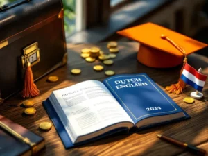 Wooden desk with open Dutch-English dictionary, graduation cap, briefcase, Dutch flag, and gold coins representing career growth.