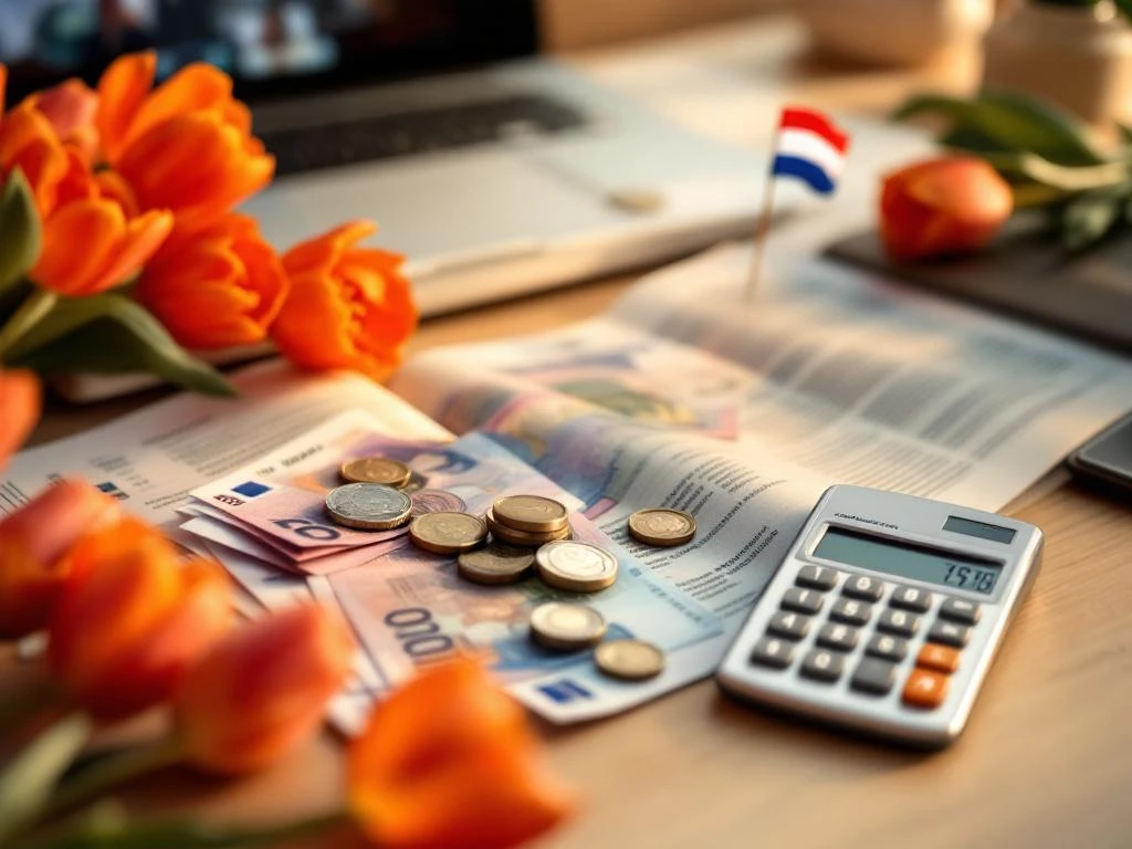 Stack of Euro banknotes and coins next to open Dutch textbook with calculator and laptop for language learning study.