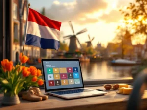 Laptop displaying language learning interface on wooden desk with Dutch flag, orange tulips, windmills, and cultural items