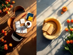 Split-screen showing Dutch language learning: group class with chairs around table on left, private tutoring setup on right