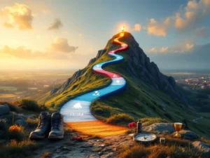 Mountain path in Dutch flag colors leads to glowing summit with cultural milestone markers including bicycle, tulips, windmill and cheese wheel
