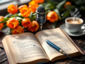 Dutch language textbook open beside vintage microphone with orange tulips and coffee cup on table