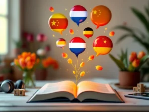Open Dutch textbook surrounded by colorful speech bubbles with international flags transforming into orange tulips spiraling toward glowing Dutch flag, with learning materials and tablet displaying language icons on white background.