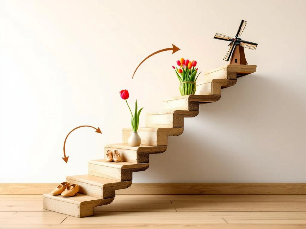 Wooden staircase with arrows showing Dutch language learning progression: wooden shoes, tulips, and windmill on levels
