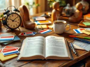 Open Dutch grammar book on wooden desk with coffee mug, flashcards, highlighters, and traditional wooden shoes as bookends.