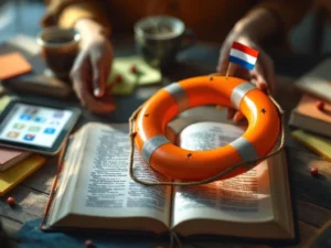 Hands holding orange life preserver ring above open Dutch dictionary with language learning tools and coffee cup nearby.