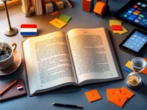 Dutch language textbook open on desk with coffee cup, tablet, flashcards, and study materials in modern workspace setting.