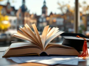 Dutch language textbook with graduation cap and exam documents, traditional Netherlands architecture blurred in background