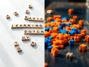 Split-screen showing wooden Dutch alphabet blocks on left and complex orange-blue geometric puzzle on right, illustrating learning progression.