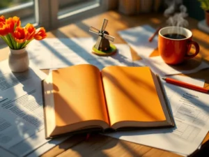 Open Dutch textbook with orange pages on wooden desk surrounded by completed homework, windmill figurine, tulips, and coffee mug