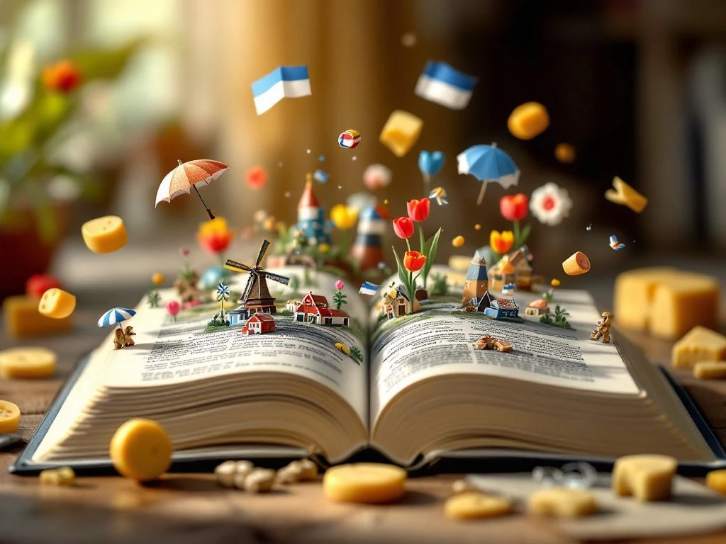 Open Dutch textbook with 3D windmills, tulips, and wooden shoes emerging from colorful pages, surrounded by floating idiom objects