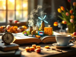 Open book with Dutch windmill pop-up pages, surrounded by orange-white-blue blocks, compass, cheese, tulips, and coffee cup