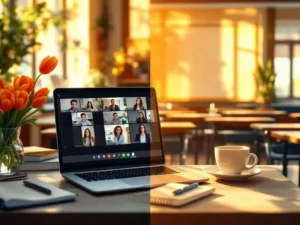 Split-screen showing laptop with video call on home desk versus empty modern classroom with desks and whiteboard