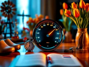 Racing speedometer at maximum speed with Dutch cultural symbols including wooden clogs, tulips, and windmill on wooden desk