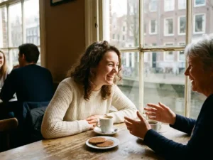 Two women laughing together at a cozy Dutch café, golden afternoon light streaming through a canal-view window behind them.