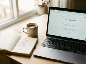 Laptop showing a Dutch vocabulary lesson on a modern desk with a handwritten notebook and coffee cup in warm afternoon light.