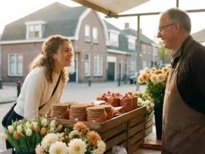 Young woman conversing with a Dutch market vendor selling stroopwafels and flowers on a sunlit Eindhoven street.