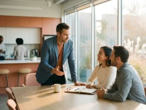Expat professional in business casual attire collaborating with Dutch colleagues around a modern office table with coffee and notebook.
