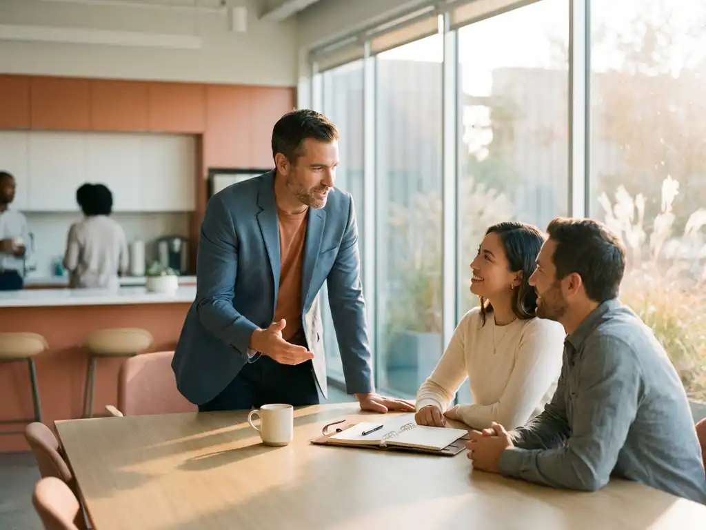 Expat professional in business casual attire collaborating with Dutch colleagues around a modern office table with coffee and notebook.