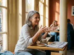 Expat gesturing expressively at a sunlit Dutch café table with a folded Dutch-language newspaper nearby.