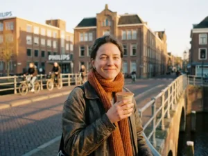 Expat holding a stroopwafel coffee cup on an Eindhoven canal bridge, with Philips-era brick buildings and cyclists softly blurred in golden afternoon light.