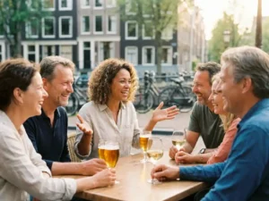 Diverse expats laughing and sharing drinks on a sunlit Amsterdam café terrace, canal houses and bicycles softly blurred behind them.