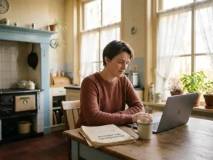 Expat partner studying Dutch at a sunlit kitchen table with a language workbook, laptop, and coffee in a Dutch home.