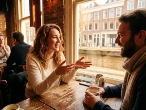 Expat conversing in Dutch with a local at a cozy Amsterdam café, warm brick walls and canal view in golden afternoon light.