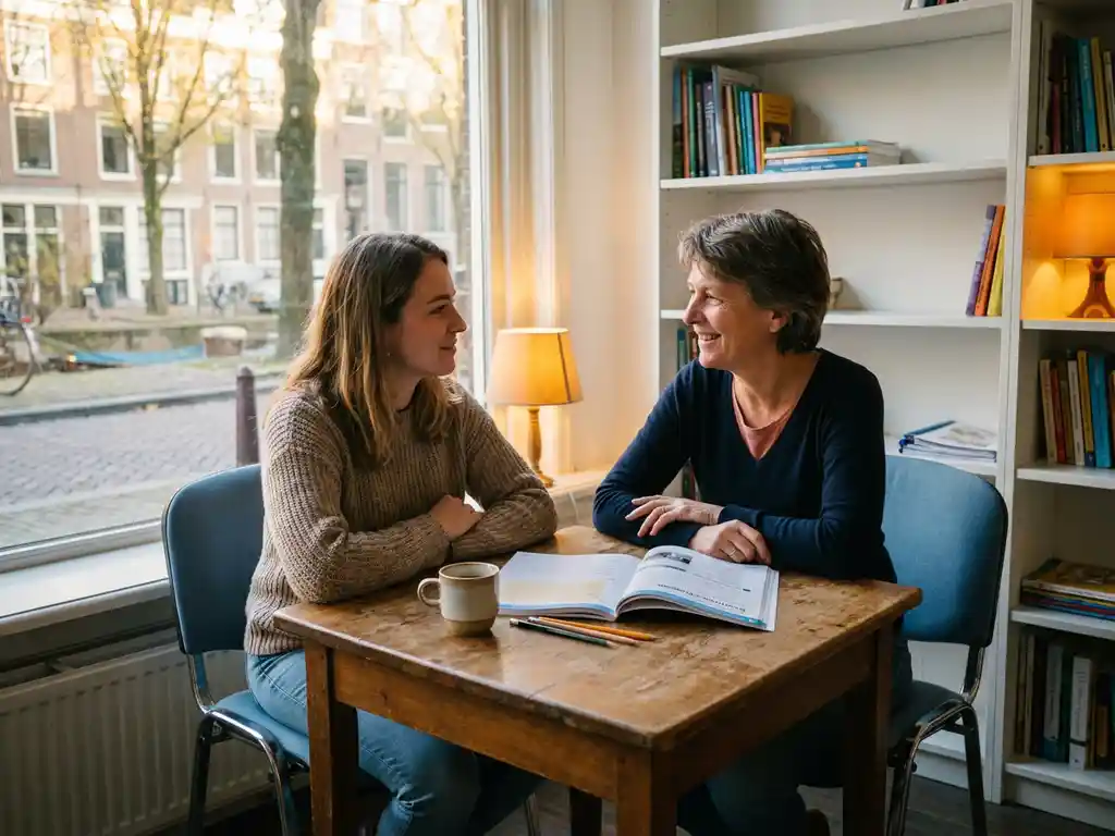 Expat student and Dutch teacher reviewing a beginner's workbook together at a classroom table, warm afternoon light, Amsterdam street visible through large windows.