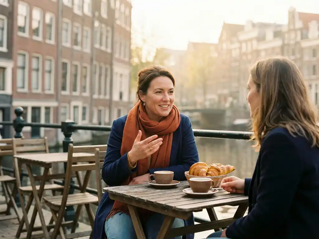 Expat woman chatting with a local friend at a sunlit Amsterdam café terrace, croissants and coffee on the table, canal and Dutch brick architecture behind.