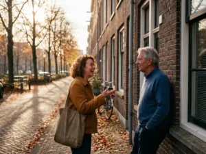 Expat woman chatting with Dutch neighbor outside brick row house, holding reusable grocery bag amid autumn cobblestone street in warm afternoon light.