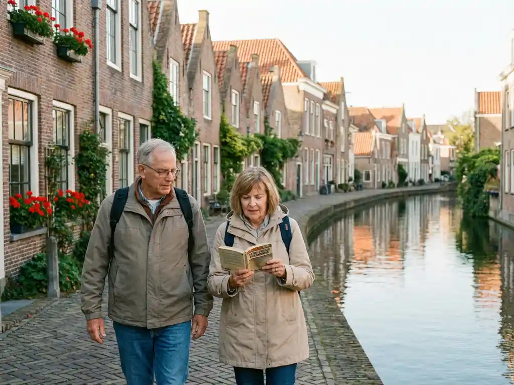 Retired American couple walking along a Dutch canal with brick townhouses, the woman holding a Dutch-English phrasebook in warm afternoon light.