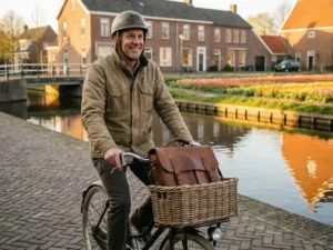 American expat cycling along a sunlit Dutch canal street lined with tulip fields and brick row houses in warm afternoon light.