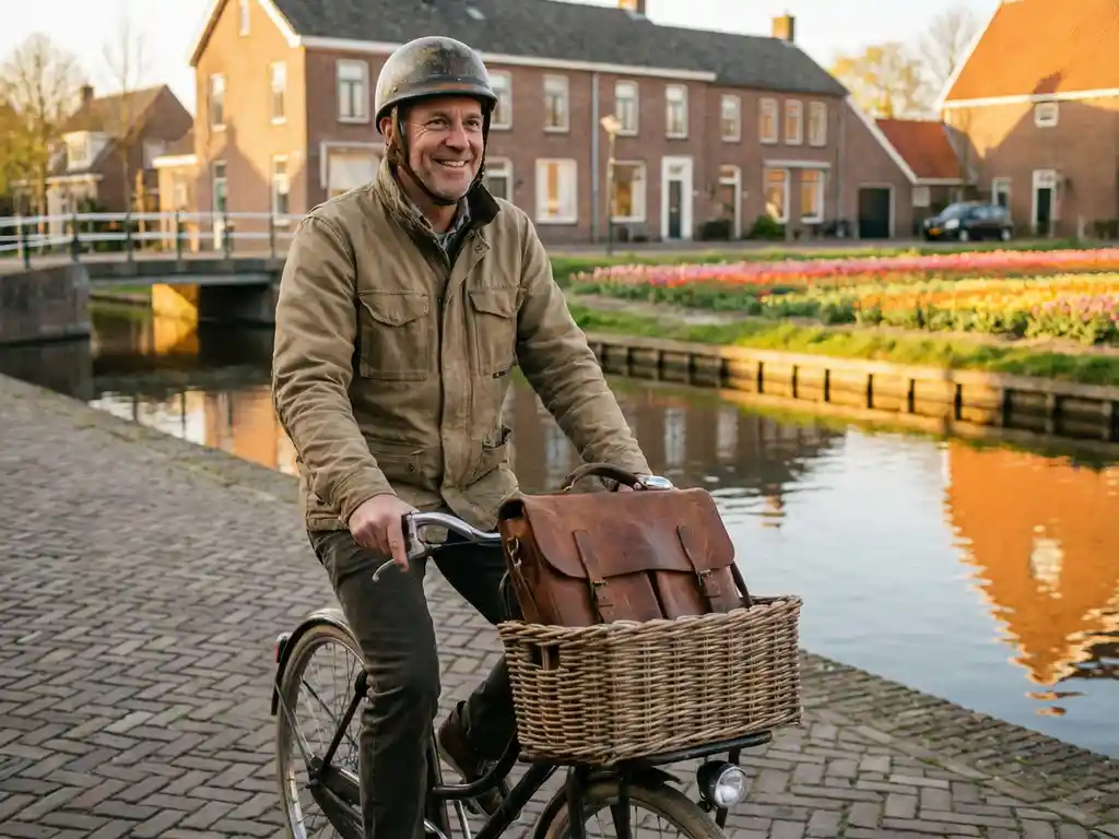 American expat cycling along a sunlit Dutch canal street lined with tulip fields and brick row houses in warm afternoon light.