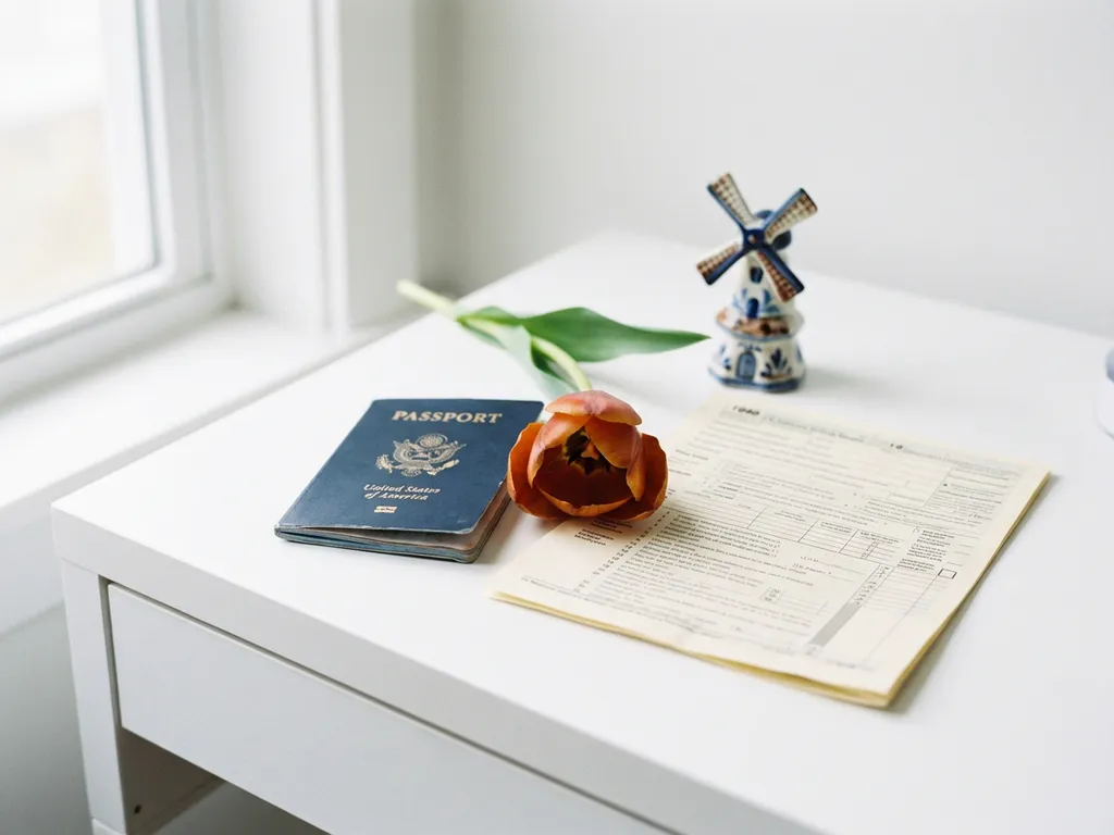 Worn American passport beside a Dutch tulip and tax document on a white desk, with a ceramic windmill figurine in soft natural light.