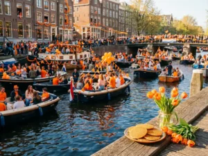 Amsterdam canal on King's Day with orange-decorated boats, celebrating crowds, Dutch canal houses draped in orange flags, and stroopwafels and tulips on a sunny dock.