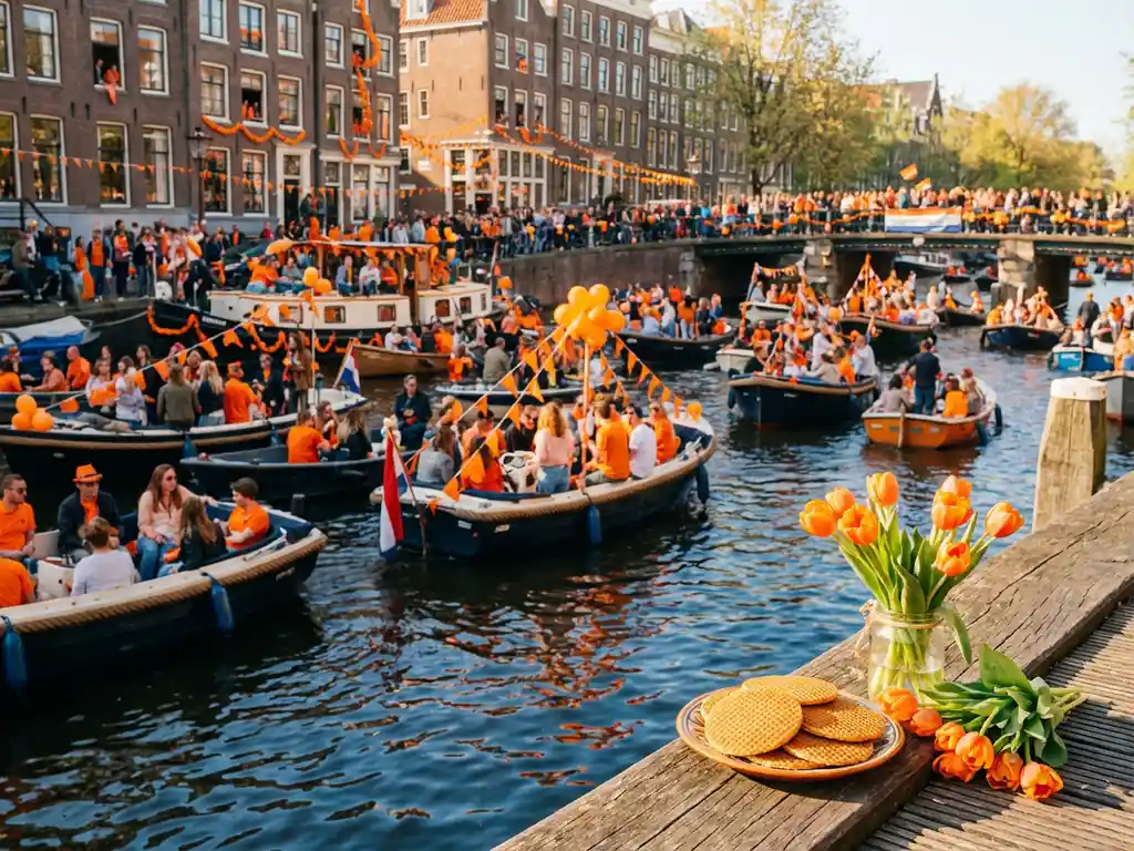 Amsterdam canal on King's Day with orange-decorated boats, celebrating crowds, Dutch canal houses draped in orange flags, and stroopwafels and tulips on a sunny dock.