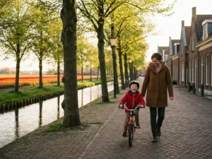 Child riding a bicycle along a Dutch canal street with tulip fields, brick row houses, and a parent walking in warm afternoon light.