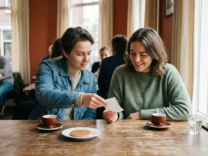 Two friends at a wooden café table, one sliding a folded receipt across as espresso cups and a stroopwafel sit nearby in warm diffused daylight.