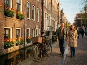 Couple walking hand-in-hand along a sunlit Dutch canal street with tulip-filled window boxes, brick facades, and a bicycle by a lamppost.