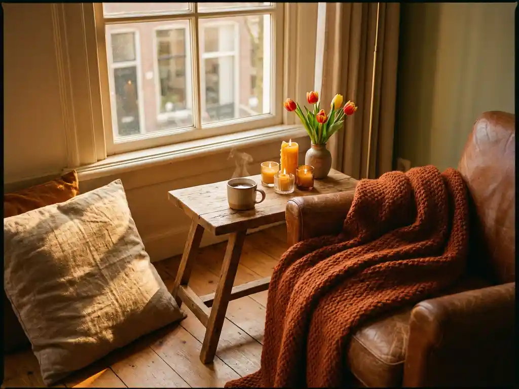 Steaming mug of tea on a wooden side table with candles, knitted blanket, and tulips in a cozy Dutch living room at golden hour.