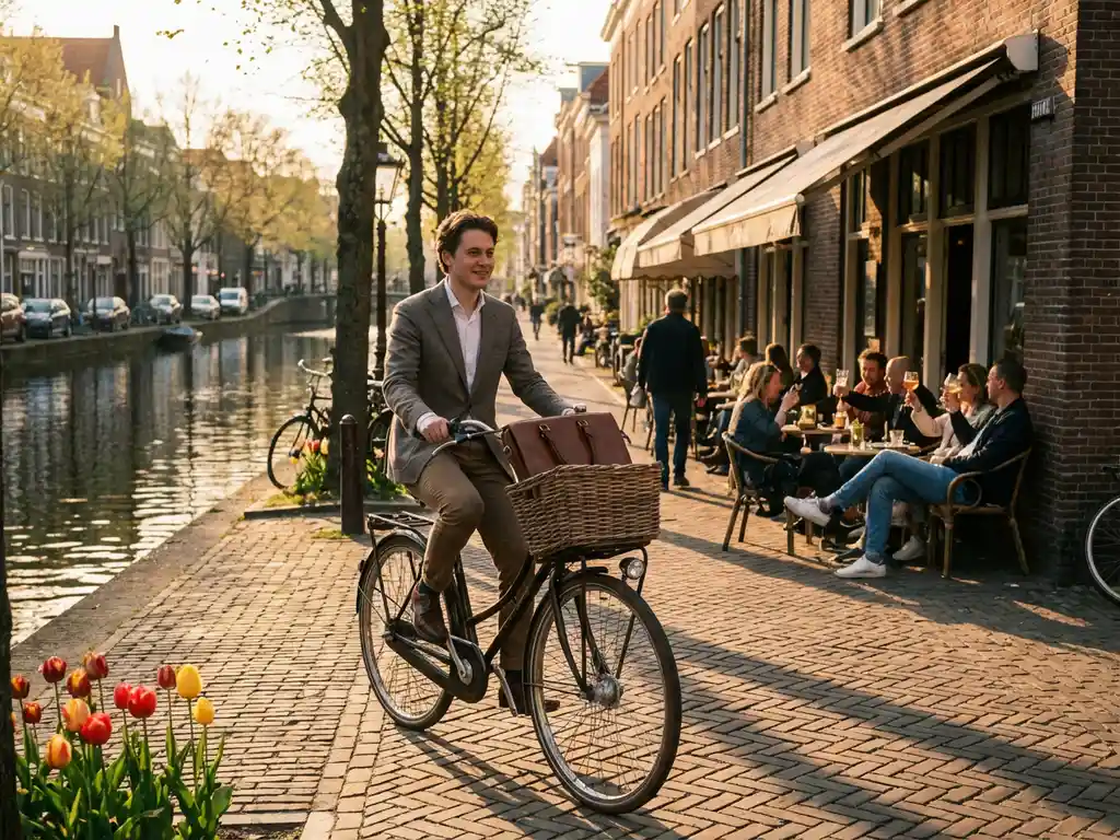 Professional cyclist with laptop bag riding along a tulip-lined Dutch canal path at golden hour, cobblestone street and café terrace in background.
