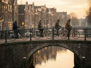 Cyclists crossing a Dutch canal bridge at golden hour, with navy and rust bikes reflected in still water and brick row houses behind.