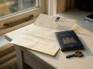 Dutch DigiD activation letter open on a white desk beside a Dutch passport and house key in warm afternoon light.