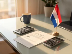 Dutch 30% tax ruling document on a glass desk beside a small Dutch flag and calculator in a professional workspace.